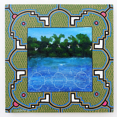 Cordelia Sánchez Pesin Kate (Ucayali, Perú, 1985) Río virgen (2024) Acrílico sobre tela 35 x 35 cm