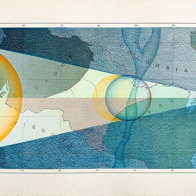 Elena Damiani Tránsito I Lápices de color sobre mapa encontrado 23.5 x 36.6 cm 2020