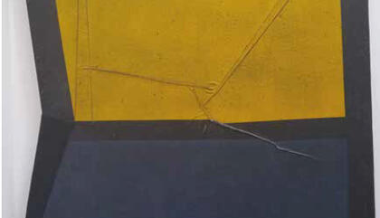 Ryan Brown. You’re Sombody Here (Yellow/Blue), 2016. Acrylic, enamel and ink on canvas, 46 x 54 x 2.5 inches.