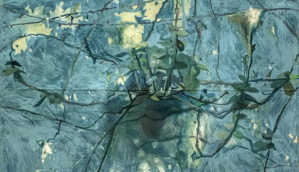 Hernán Salamanco La ascensión de las hermanas P, 2018. Óleo y esmalte sobre chapa. 200 x 200 cm.