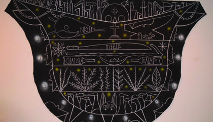 Jose Bedia, Nkili, Fiongo, Mbele, Chamba, 2000, Acrylic and pastel on Canvas, 157 x 96 in., 398 x 244 cm.