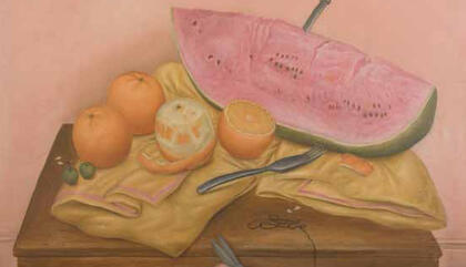 Fernando Botero. Still life with watermelon and oranges, 1970. Oil on canvas - 71 x 71 inches.