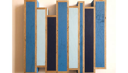 G.T. Pellizi Frequency Hopping in Sky, Baby and Dark Blue Year, 2018. Eggshell Acrylic on plywood. 30 x 33 inches.