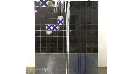 C.J. Chueca I Am The River Behind The Wall (Body at the Andes), 2018. Ceramic tiles, acrylic on wood and plants. 48 x 60 inches.